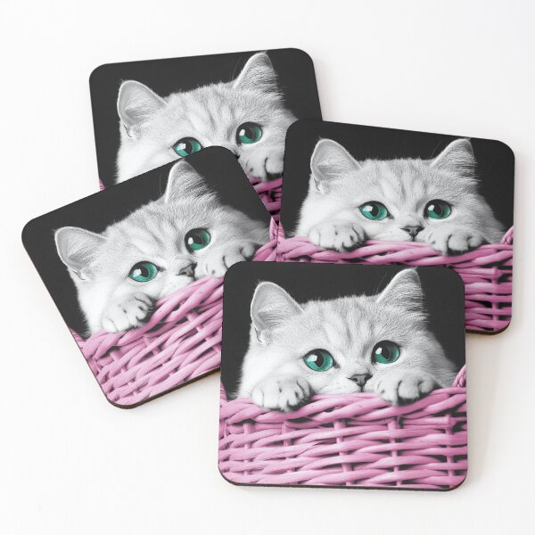 Item preview, White British Shorthair Cat In A Pink Basket designed and sold by Nocturne  Paws.