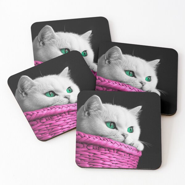 Item preview, Cute White British Shorthair Cat In A Pink Basket designed and sold by Nocturne  Paws.
