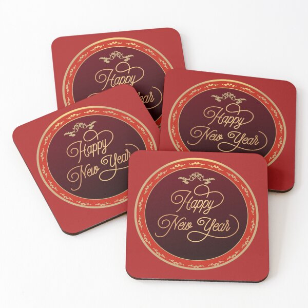 Item preview, Happy New Year in Red and Gold in Round Frame designed and sold by VintageArtByIda.