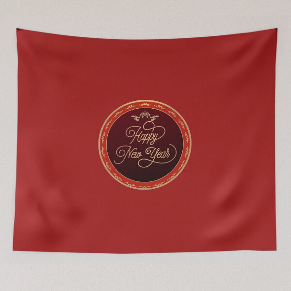 Item preview, Happy New Year in Red and Gold in Round Frame designed and sold by VintageArtByIda.