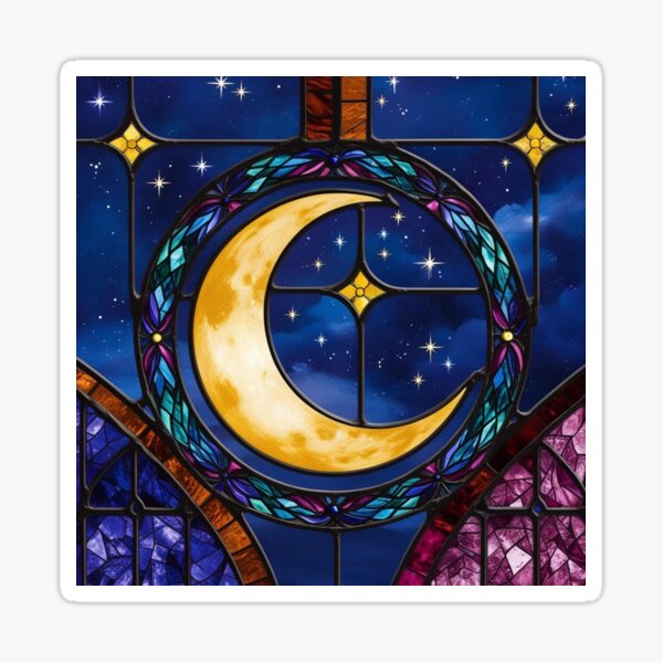 Item preview, Celestial Stained Glass Print Moon And Stars, Faux Stain Glass Starry Night Sky Design designed and sold by PixelStoneDesign .