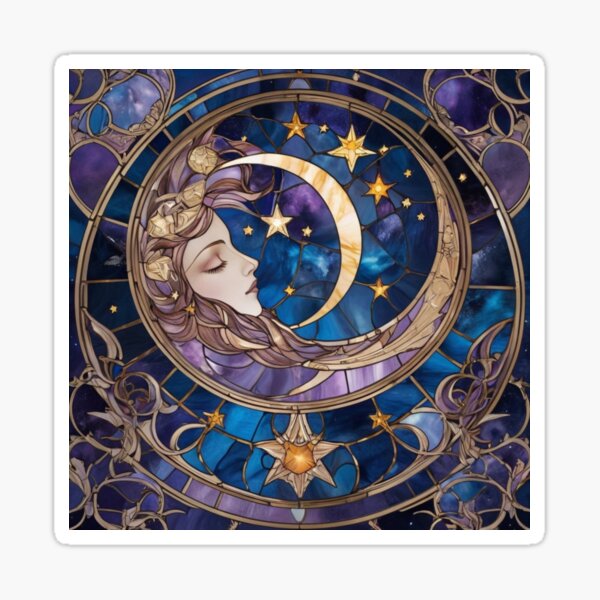 Item preview, Celestial Stained Glass Print Girl, Moon And Stars, Faux Stain Glass Starry Night Sky Design designed and sold by PixelStoneDesign .