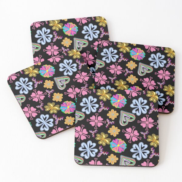 Item preview, 3D Colorful Hearts and Flowers Black Background / Valentines Hearts Repeating Pattern designed and sold by Victoria Rose.