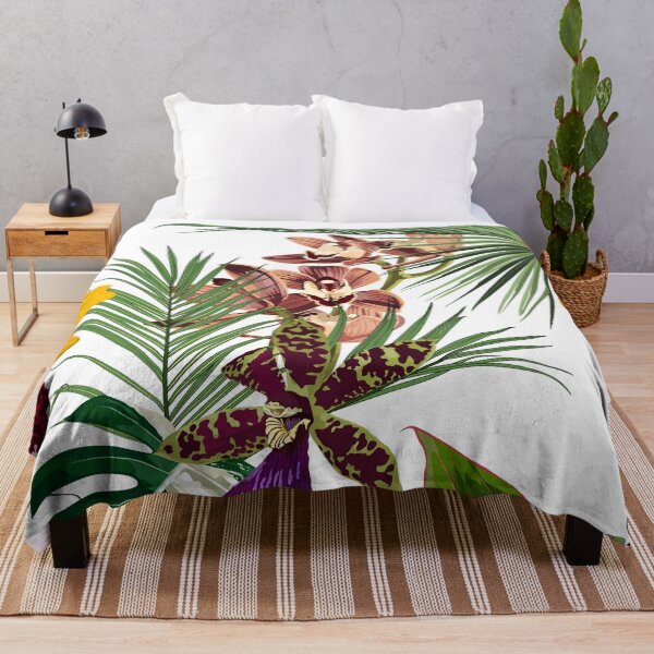 Item preview, Tropical yellow brown orchid flowers and palm leaves in summer print.  designed and sold by MatyKotiv.