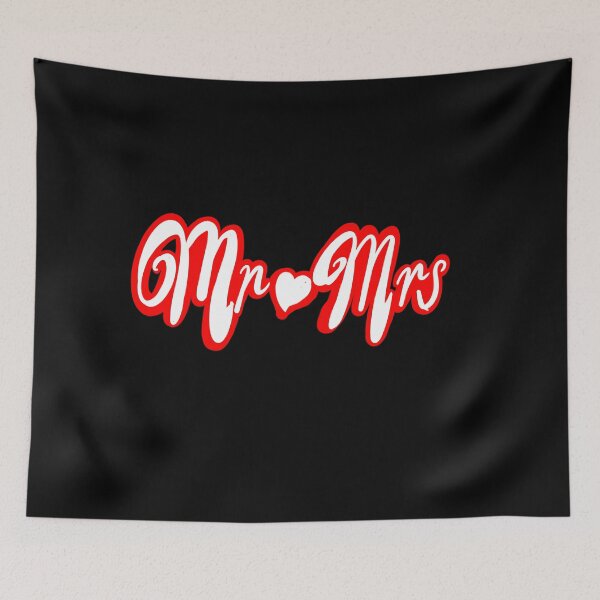Item preview, Mr Mrs mister mistress for wedding anniversary newly wed Valentine’s Day wife husband, couple. Romantic White cursive text on red background with love heart designed and sold by Artonmytee.