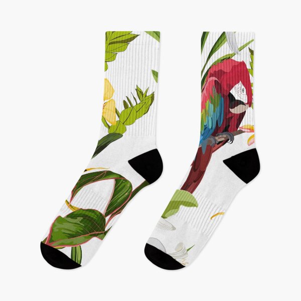 Item preview, Exotic flowers pattern. Tropical yellow orchid flowers, green and red parrot and palm leaves in summer print. designed and sold by MatyKotiv.
