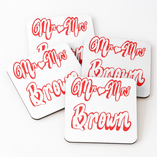 Item preview, Mr Mrs Brown Personalised mister mistress for wedding anniversary newly wed Valentine’s Day wife husband, couple. Romantic White cursive text on red background with love heart designed and sold by Artonmytee.