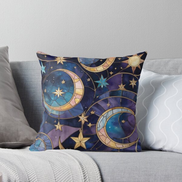 Item preview, Celestial Stained Glass Print Moon & Stars, Faux Stain Glass Starry Night Sky Design designed and sold by PixelStoneDesign .