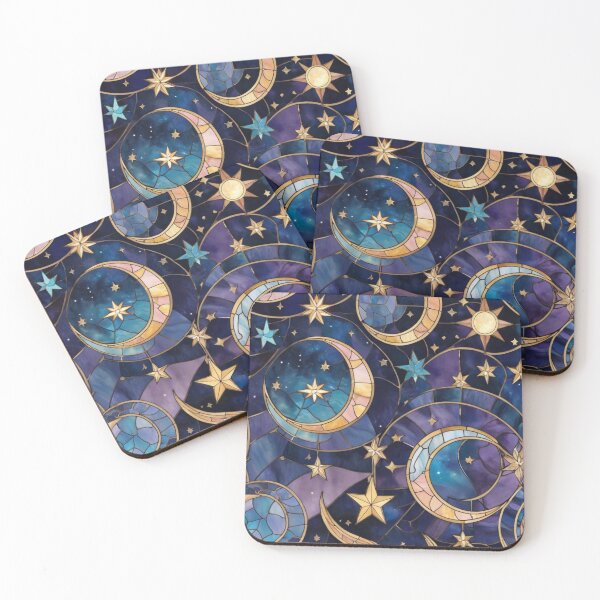 Item preview, Celestial Stained Glass Print Moon & Stars, Faux Stain Glass Starry Night Sky Design designed and sold by PixelStoneDesign .