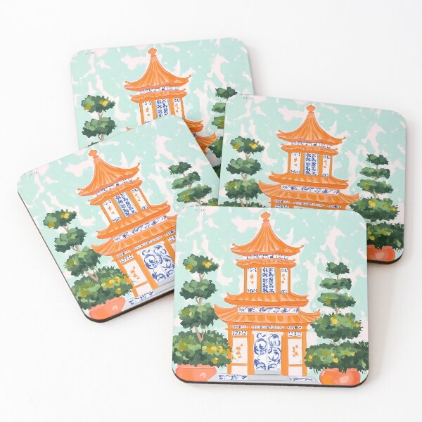 Item preview, Orange pagoda and topiary in ginger jar chinoiserie art designed and sold by SophieClimaArt.