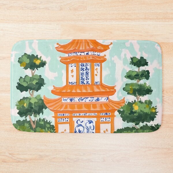 Item preview, Orange pagoda and topiary in ginger jar chinoiserie art designed and sold by SophieClimaArt.
