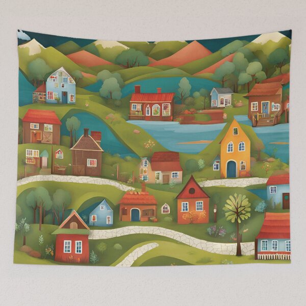 Item preview, Scenic Folk Art Town with Mountains, Land, Buildings, Homes, Lawns, Flowers designed and sold by Our Bible Journey.