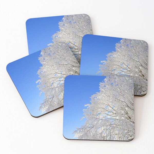 Item preview, White frost frozen on branches against blue sky. designed and sold by claireseyeview.