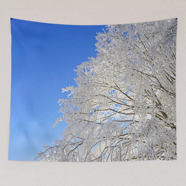 Item preview, White frost frozen on branches against blue sky. designed and sold by claireseyeview.