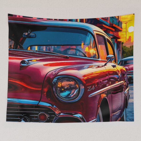 Item preview, Vintage Red Chevy BelAir in Havana – Sunset Impressionistic Painting designed and sold by RvinJo8.
