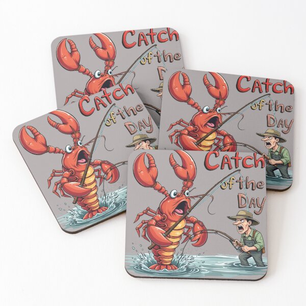 Item preview, The Tables Have Turned: A hilarious illustration of a lobster, wielding a fishing rod, triumphantly reeling in a surprised human fisherman. designed and sold by Grang Art Artistic Designs.