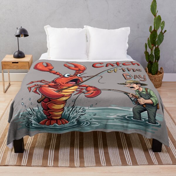 Item preview, The Tables Have Turned: A hilarious illustration of a lobster, wielding a fishing rod, triumphantly reeling in a surprised human fisherman. designed and sold by Grang Art Artistic Designs.