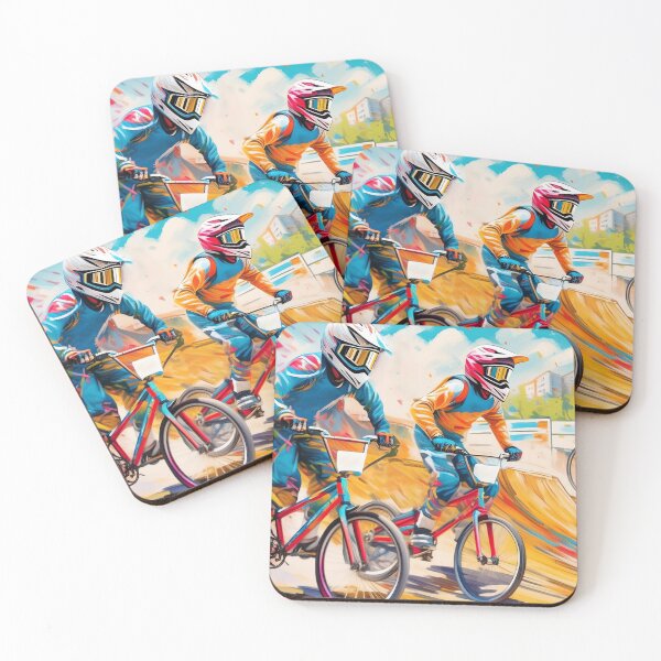 Item preview, Two BMX bikers perform aerial tricks against a vibrant, artistic mountainous backdrop designed and sold by homydesign.