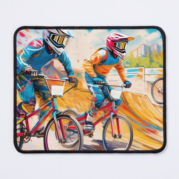 Item preview, Two BMX bikers perform aerial tricks against a vibrant, artistic mountainous backdrop designed and sold by homydesign.