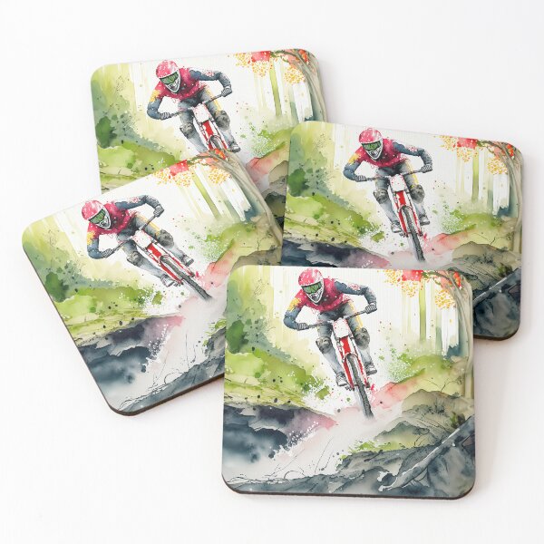 Item preview, A mountain biker in action, surrounded by a vibrant mix of watercolor splashes representing nature’s elements designed and sold by homydesign.