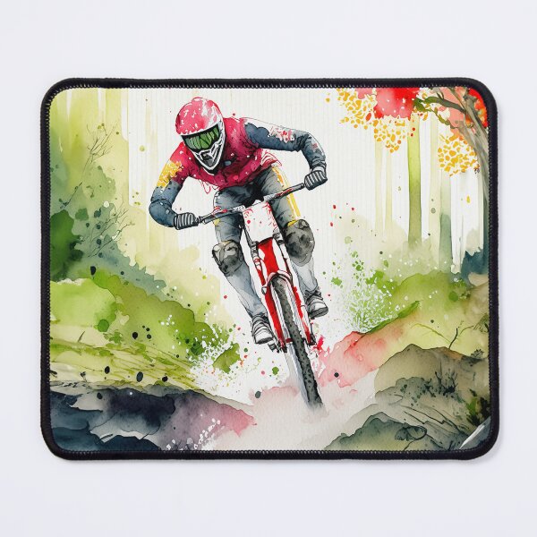 Item preview, A mountain biker in action, surrounded by a vibrant mix of watercolor splashes representing nature’s elements designed and sold by homydesign.