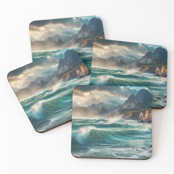 Item preview, Dramatic seascape, turbulent waves, rocky shores, majestic mountains under cloudy sky, beams of sunlight. Generative Ai designed and sold by homydesign.