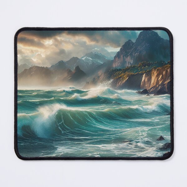 Item preview, Dramatic seascape, turbulent waves, rocky shores, majestic mountains under cloudy sky, beams of sunlight. Generative Ai designed and sold by homydesign.
