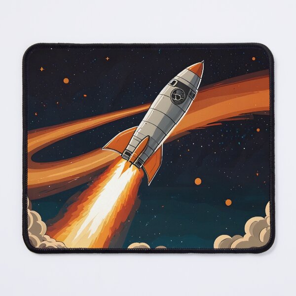 Item preview, A rocket launching into space, with a fiery orange trail, cartoon style designed and sold by johndesignwaves.