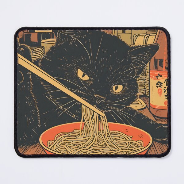 Item preview, Fifties Mid Century Black Cat Eating Noodle Soup With Chopsticks designed and sold by scooterbaby.