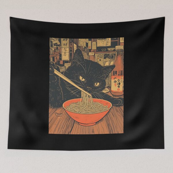 Item preview, Fifties Mid Century Black Cat Eating Noodle Soup With Chopsticks  designed and sold by scooterbaby.