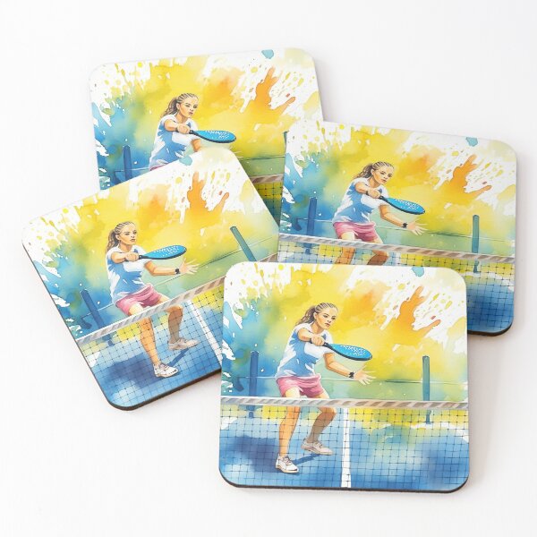 Item preview, Young woman padel player in action on a colorful paddle tennis court, surrounded by vibrant splashes of paint designed and sold by homydesign.