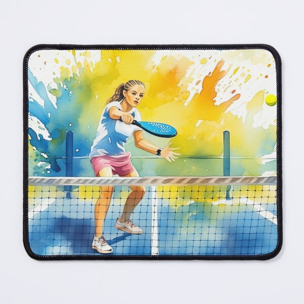 Item preview, Young woman padel player in action on a colorful paddle tennis court, surrounded by vibrant splashes of paint designed and sold by homydesign.