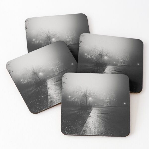 Item preview, Misty Night Street Scene with Dim Streetlights in black and white designed and sold by FotoMahieu.
