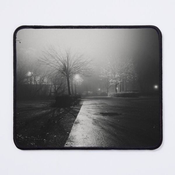 Item preview, Misty Night Street Scene with Dim Streetlights in black and white designed and sold by FotoMahieu.