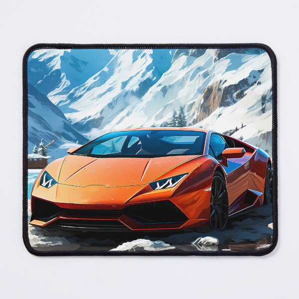 Item preview, Orange Supercar In Snow Capped Mountains designed and sold by RevUpDesign.