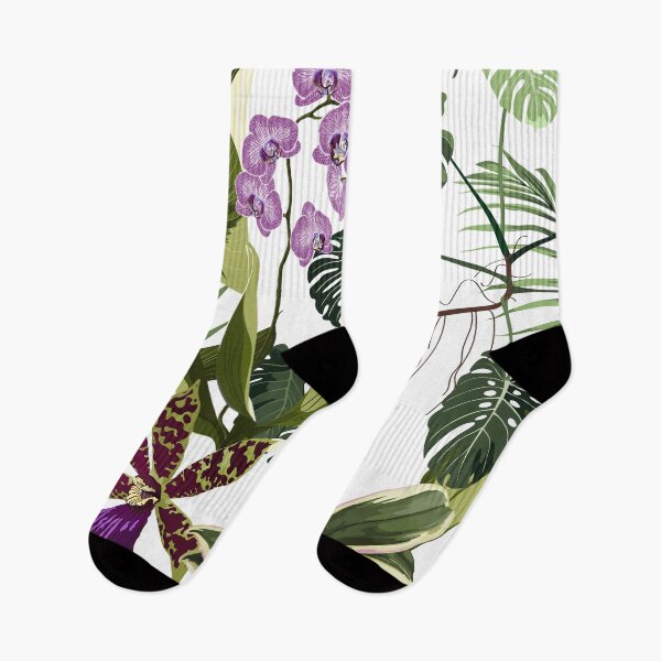 Item preview, Tropical violet orchid flowers and palm leaves in summer print.  designed and sold by MatyKotiv.