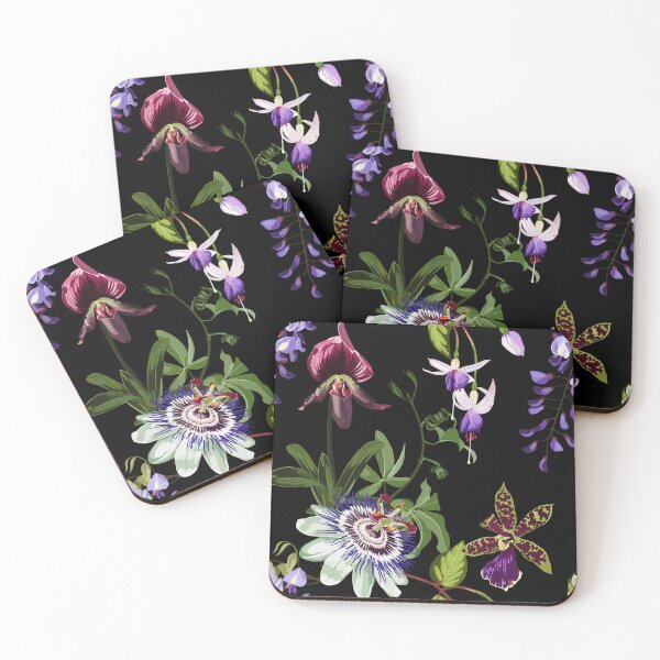 Item preview, Tropical violet bordo orchids, passiflora, wisteria flowers and palm leaves in summer print.  designed and sold by MatyKotiv.