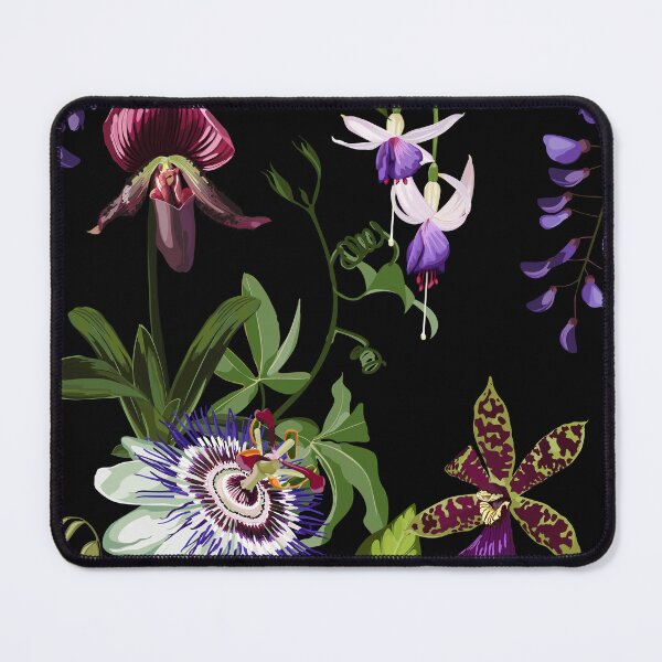 Item preview, Tropical violet bordo orchids, passiflora, wisteria flowers and palm leaves in summer print. designed and sold by MatyKotiv.
