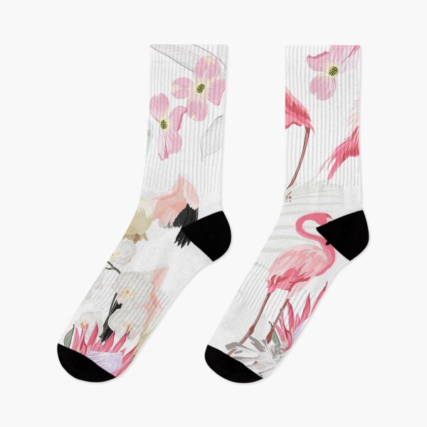 Item preview, Tropical vintage white palm leaves and pink flowers, pelican flamingo birds. designed and sold by MatyKotiv.