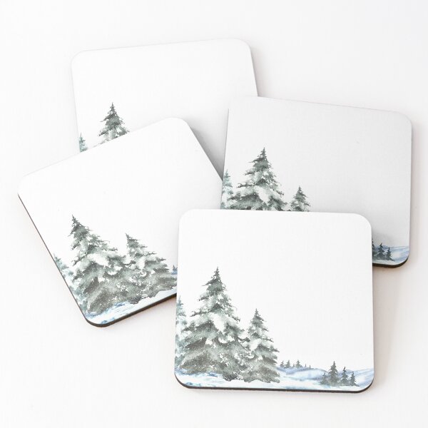 Item preview, Winter Landscape with snow covered green spruces firs, snowy Hills. Hand Painted watercolor designed and sold by BartolArt.