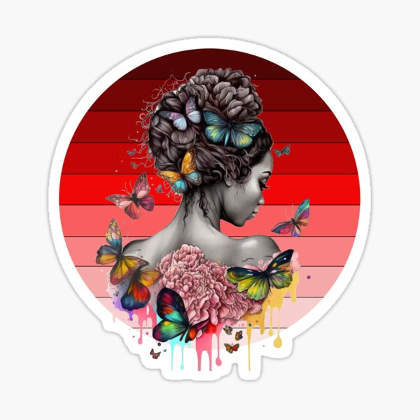 Woman among butterflies against a sunset background Sticker