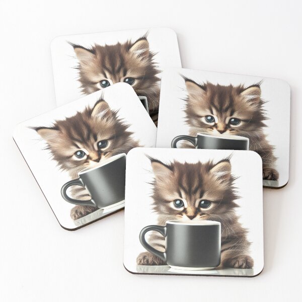 Item preview, A little beige kitten / cat with a cup of black coffee. designed and sold by Vetagio.