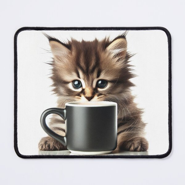 Artikelvorschau, Ein kleines beiges Kätzchen / eine beige Katze mit einer Tasse schwarzen Kaffee. entworfen und verkauft von Vetagio.