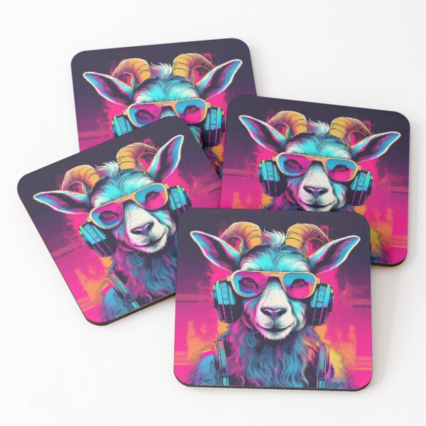 Artikelvorschau, Ziege mit Kopfhörern und Sonnenbrillen Synthwave entworfen und verkauft von Boxing Kangaroo Retail Company.