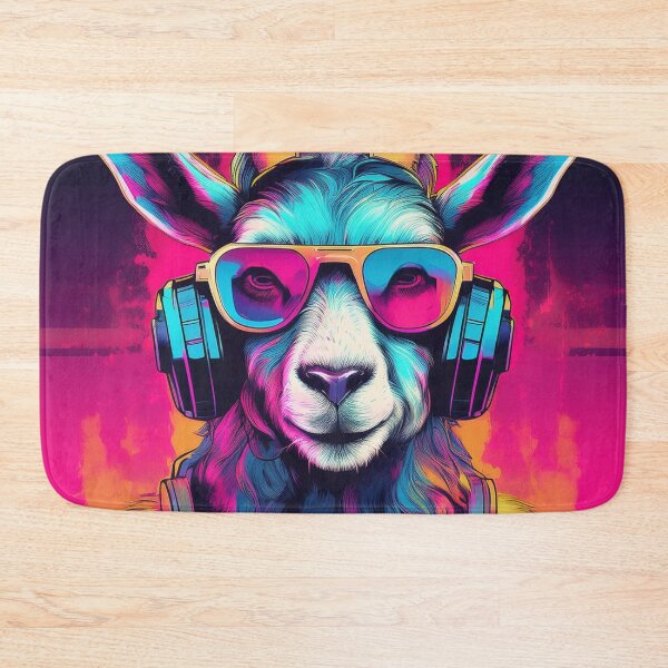 Artikelvorschau, Ziege mit Kopfhörern und Sonnenbrillen Synthwave entworfen und verkauft von Boxing Kangaroo Retail Company.