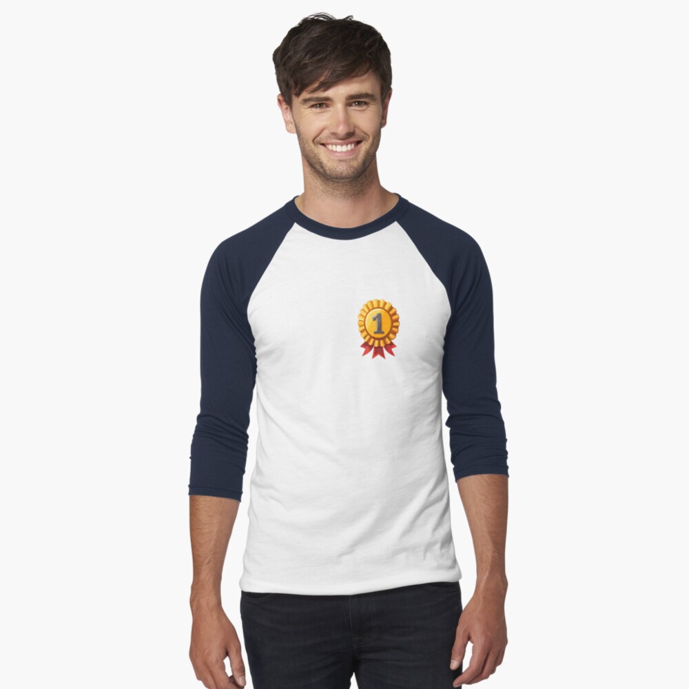 Baseball 3/4 Sleeve T-Shirt - First Place Gold Medal Cockade Red Ribbon Golden Badge