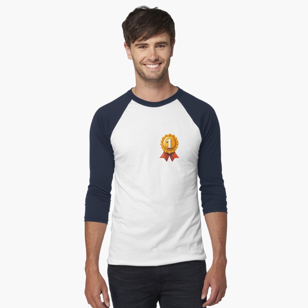 Baseball 3/4 Sleeve T-Shirt: 1st Place Golden Medal Cockade - Gold Badge with Red Striped Ribbon