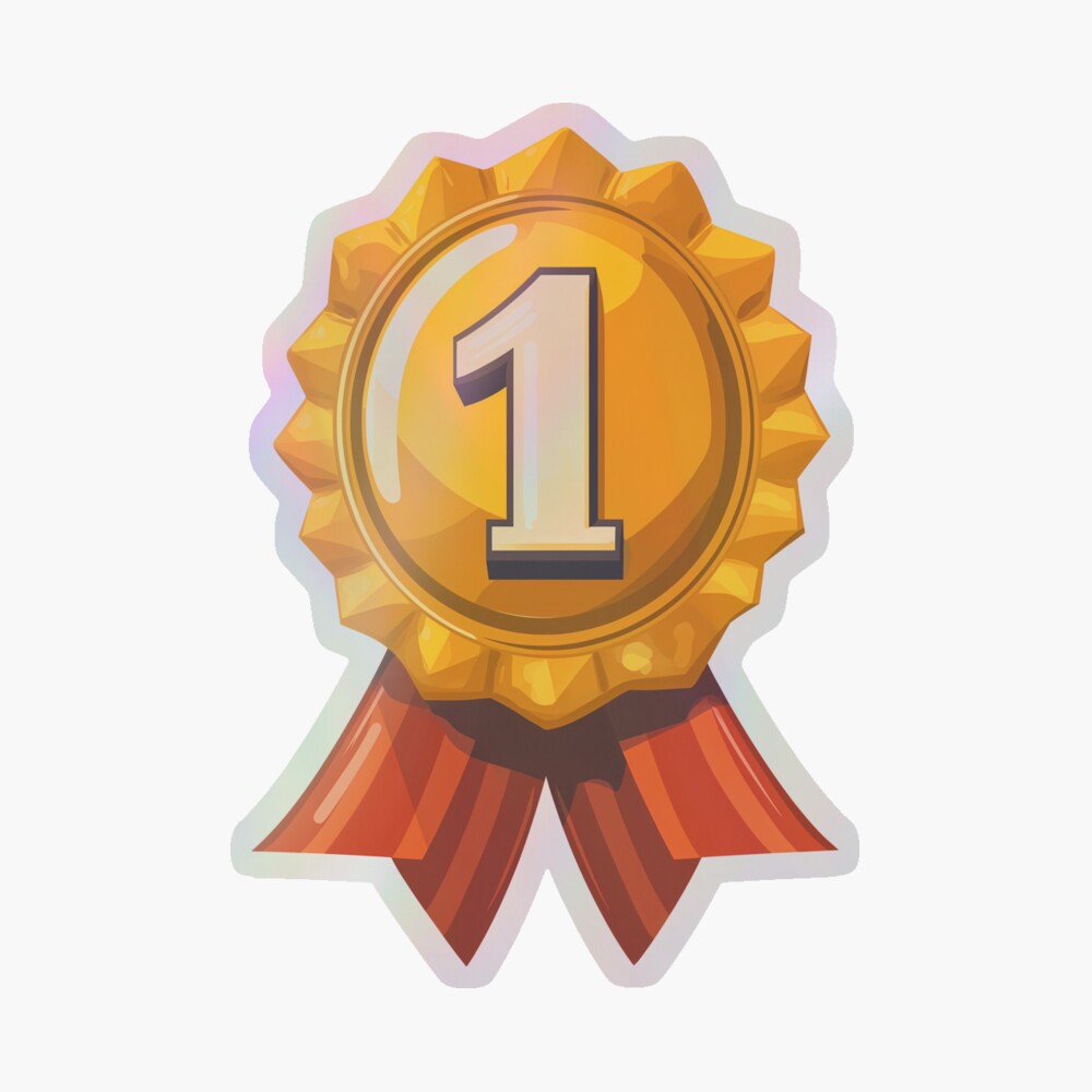 Holographic Sticker — 1st Place Golden Medal Cockade Gold Badge with Red Striped Ribbon