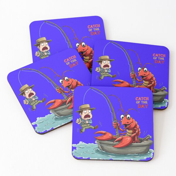 Item preview, A Fishy Situation: A hilarious illustration of a lobster, wielding a fishing rod, triumphantly reeling in a surprised human fisherman. designed and sold by Grang Art Artistic Designs.