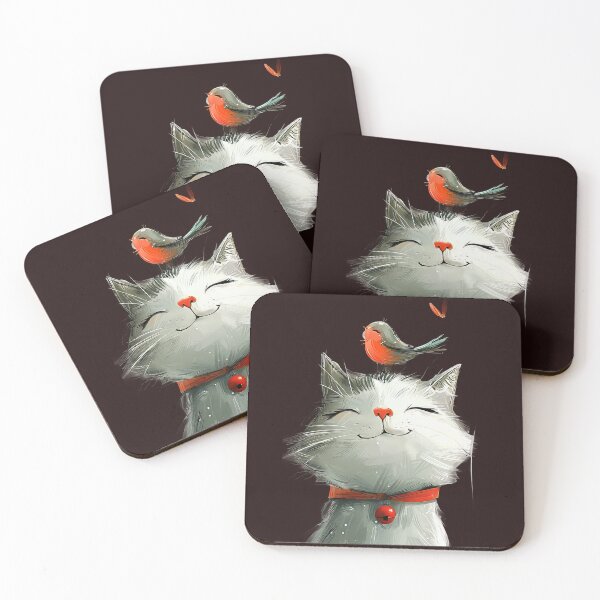 Item preview, Playful Cat with Robin and Butterfly Whimsical Illustration designed and sold by EmiBarDesign.